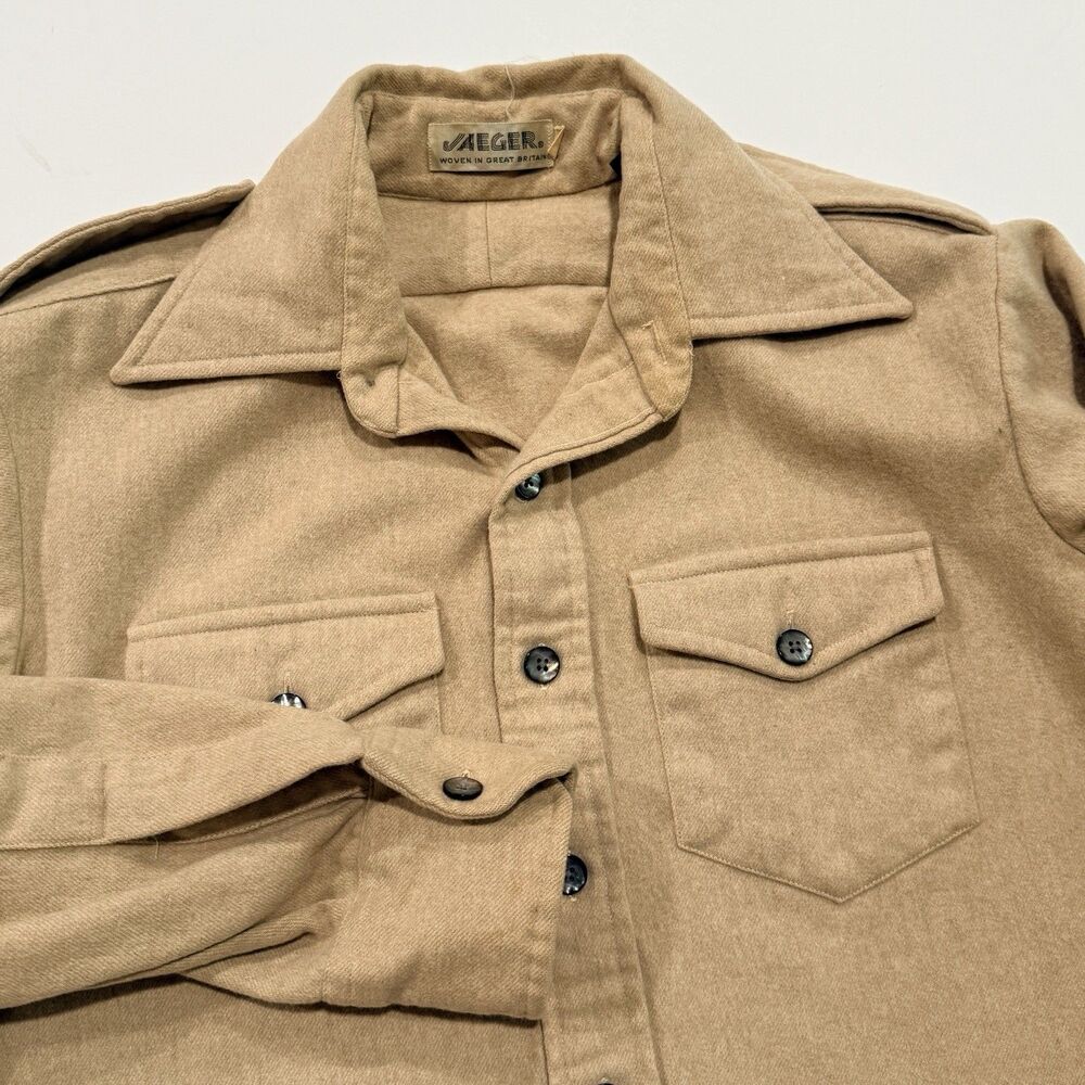 Jaeger Wool Military Overshirt Jacket Tan L Great Britain Epaulets Button Front